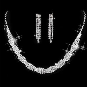 Silver Rhinestone Crystal Bridal Necklace and Earrings Set